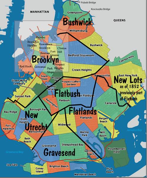 The original six towns overlaid on a contemporarymap of Brooklyn.